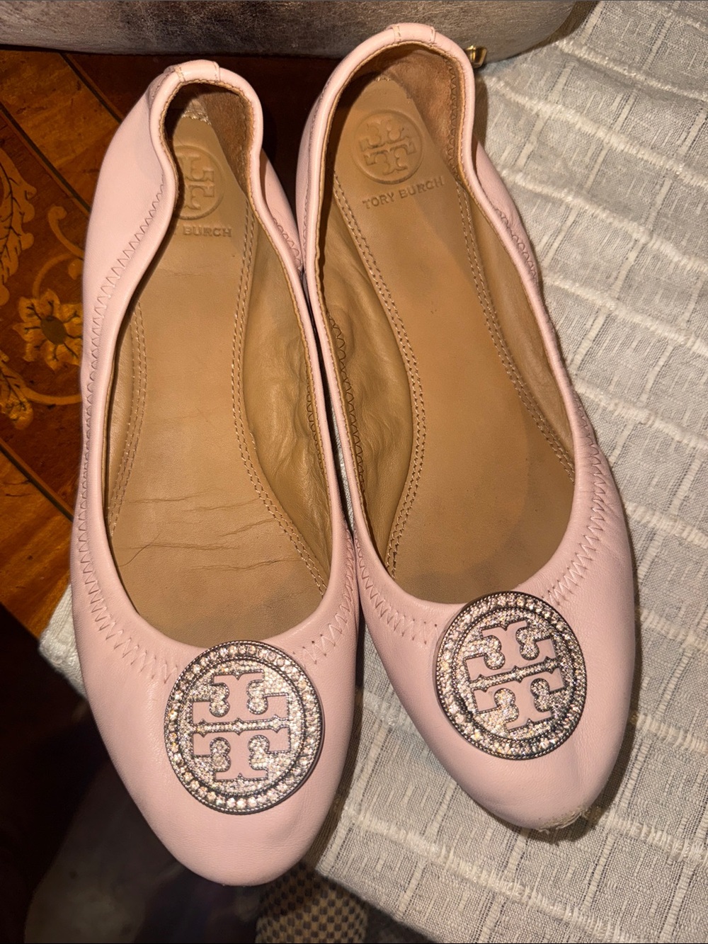 Tory Burch Blush Pink Logo Crystal Ballet Flats